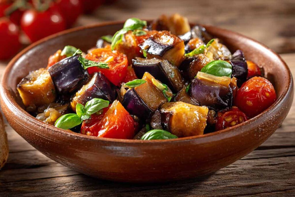 Ciotola con all'interno delle melanzane a funghetto napoletane con pomodoro e basilico