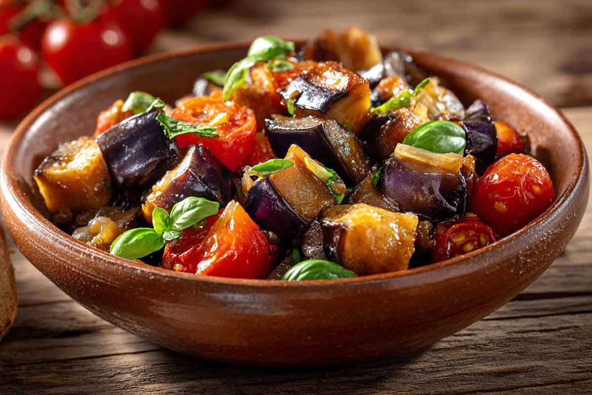Ciotola con all'interno delle melanzane a funghetto napoletane con pomodoro e basilico