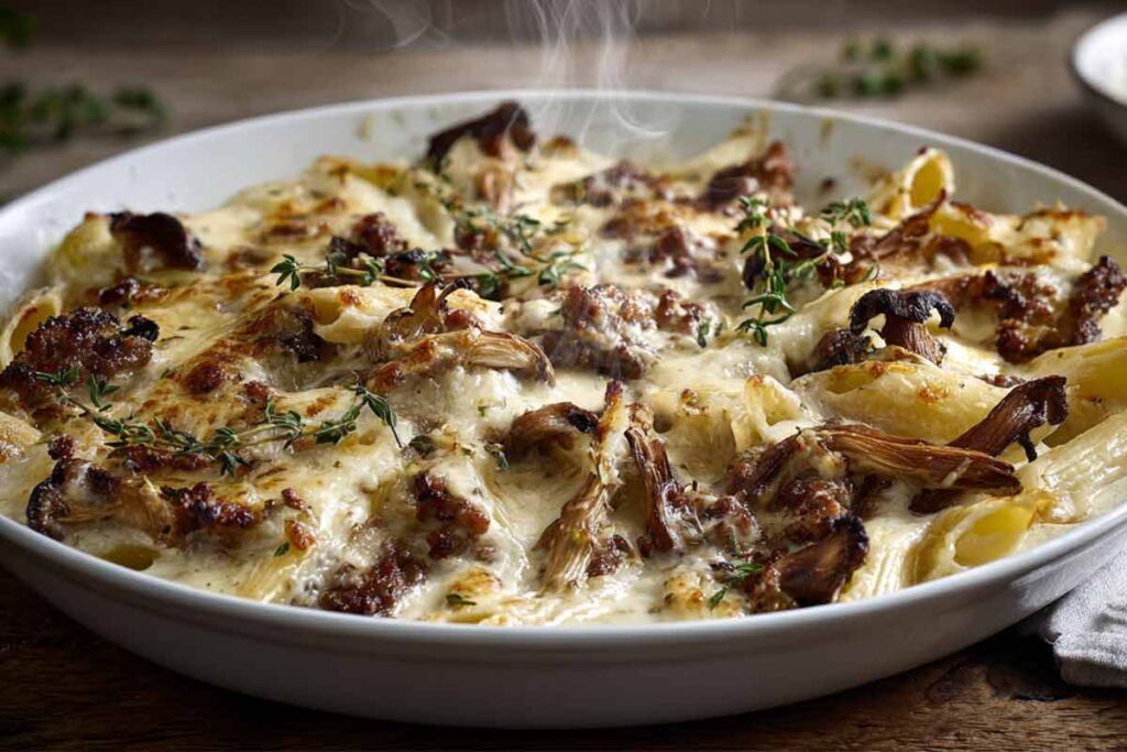 Pirofila con Pasta gratinata bianca funghi porcini e salsiccia