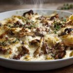 Pirofila con Pasta gratinata bianca funghi porcini e salsiccia