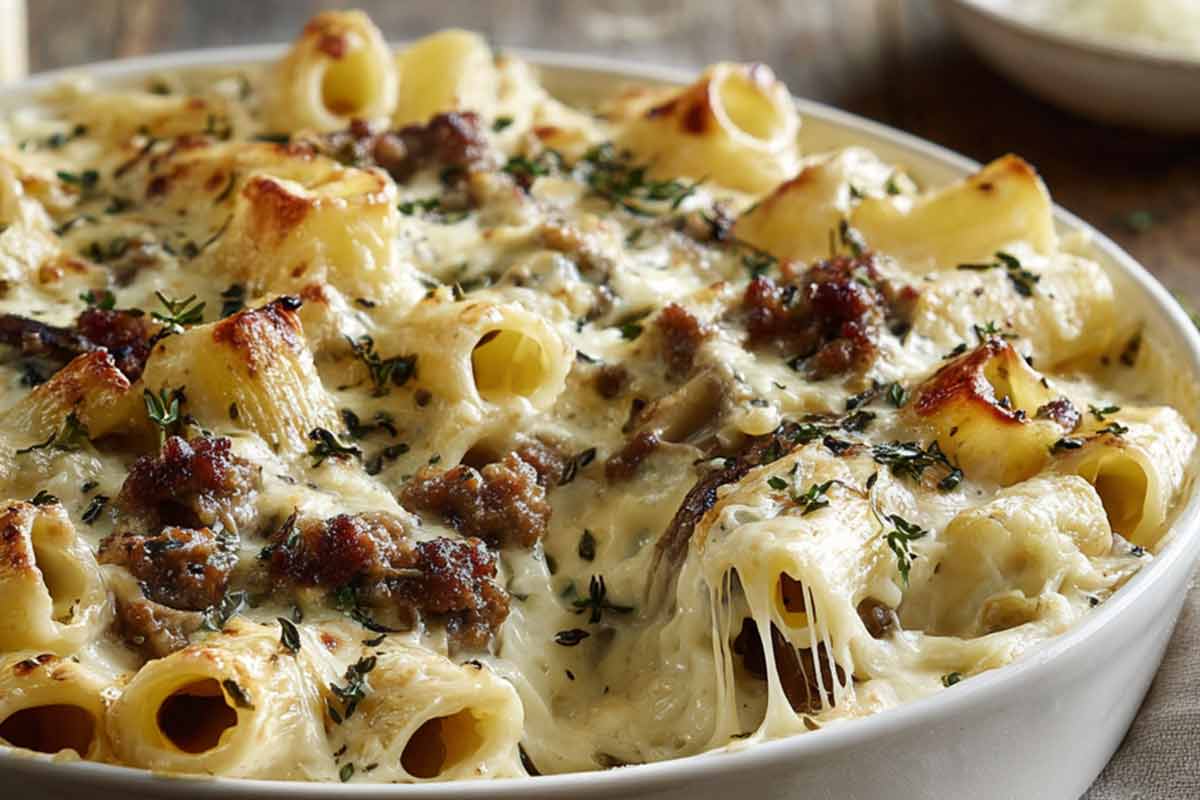 Pirofila con Pasta gratinata bianca funghi porcini e salsiccia
