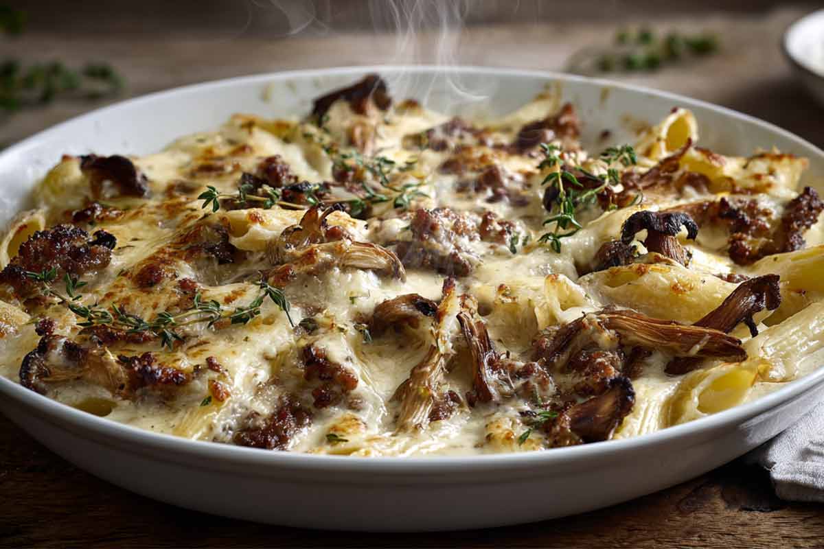 Pirofila con Pasta gratinata bianca funghi porcini e salsiccia