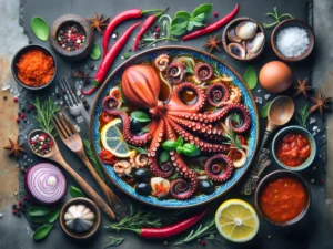 piatto con polpo e spazie fatto a grafica