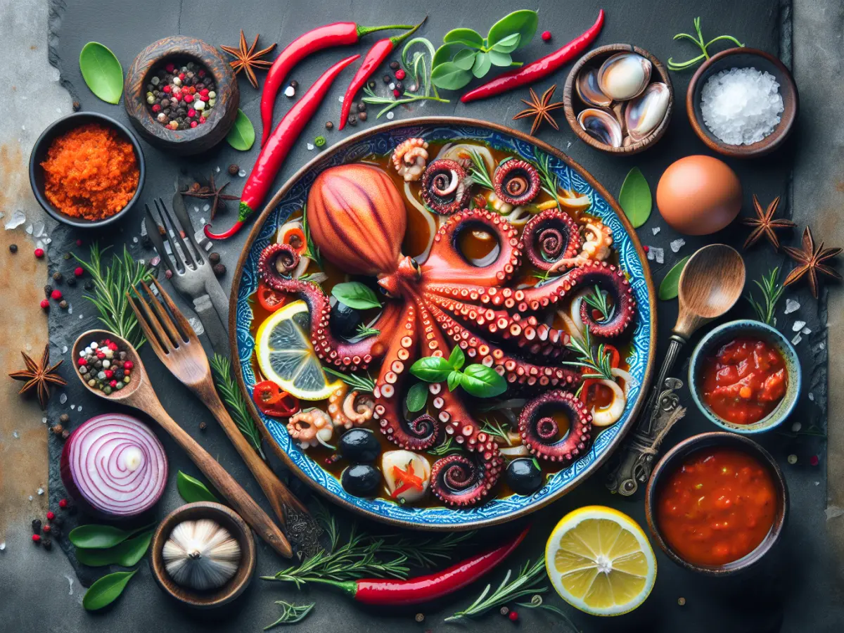 piatto con polpo e spazie fatto a grafica