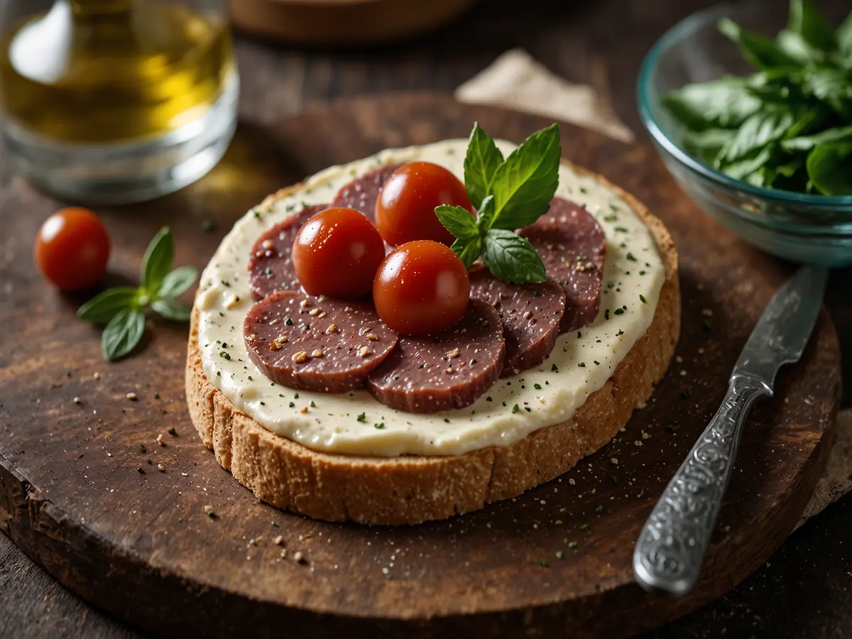 crostino di pane con crema e salame